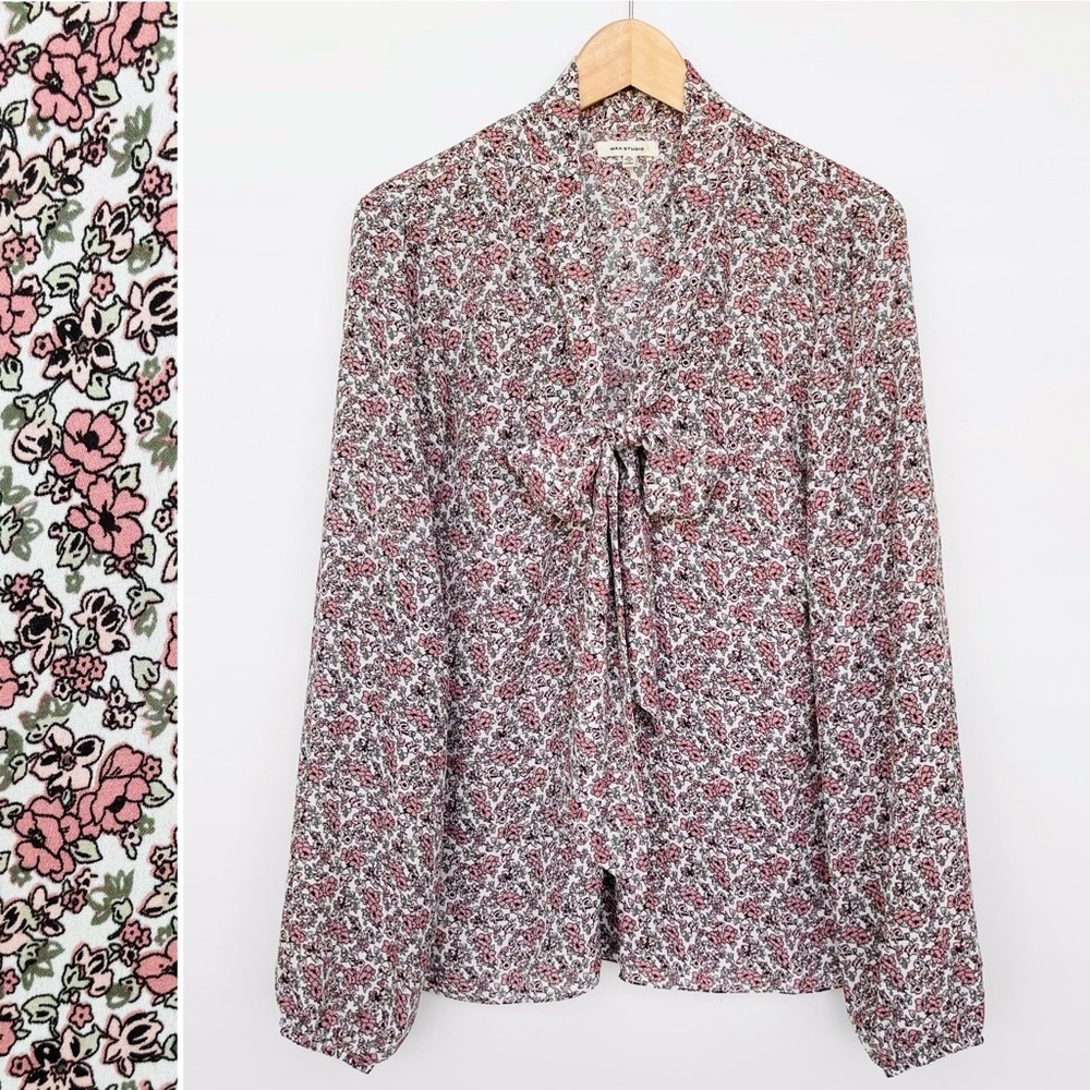 Max Studio Georgette Tie Neck Blouse Floral Print Long Sleeve with Elastic Cuff